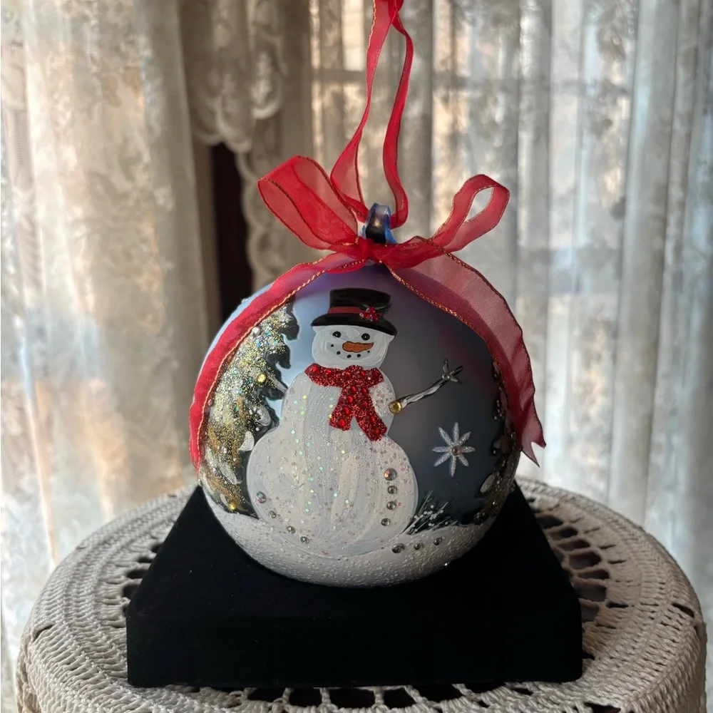 Hand Painted Glass Ornament Vintage Christmas Snowman Large Jumbo Tree Decor